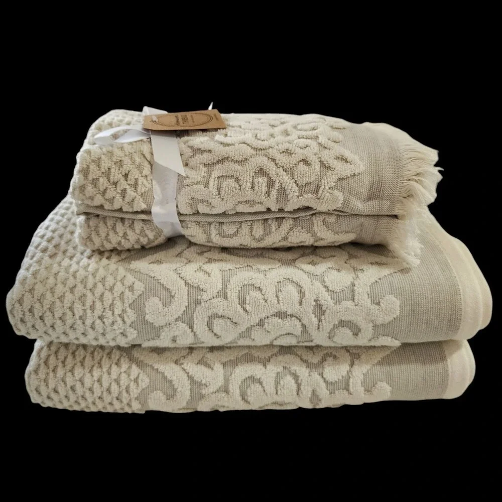 Common Thread 4pc Plush Damask Cotton Towel Set Beige And Tan 2 Bath And 2 Hand